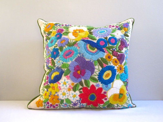crewel pillow, floral, bright, projector, etsy